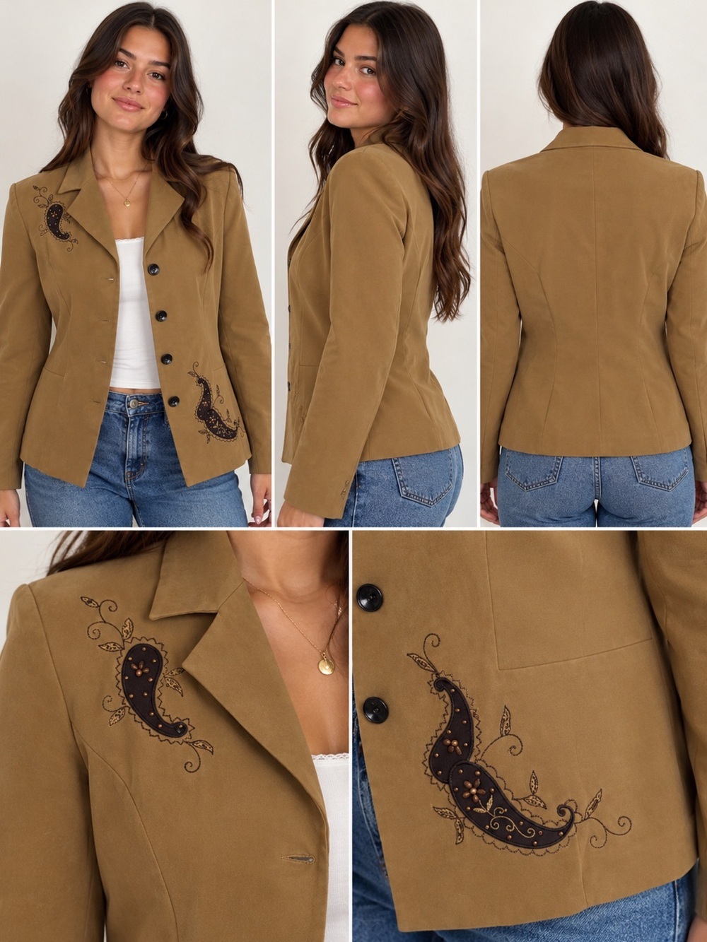Studio I Tan Embroidered Paisley Blazer